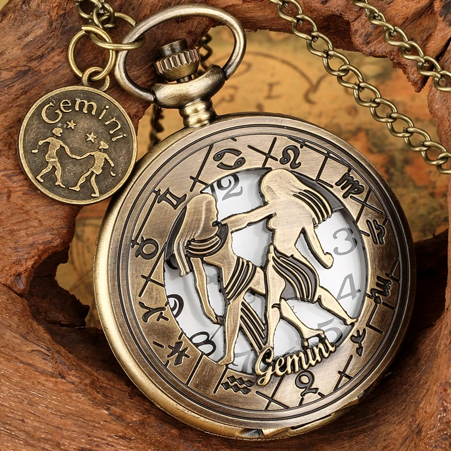 Bronze 12 Constellation Gemini Hollow Quartz Pocket Watch Long Necklace Pendant Gifts for Men Women with Gemini Accessory