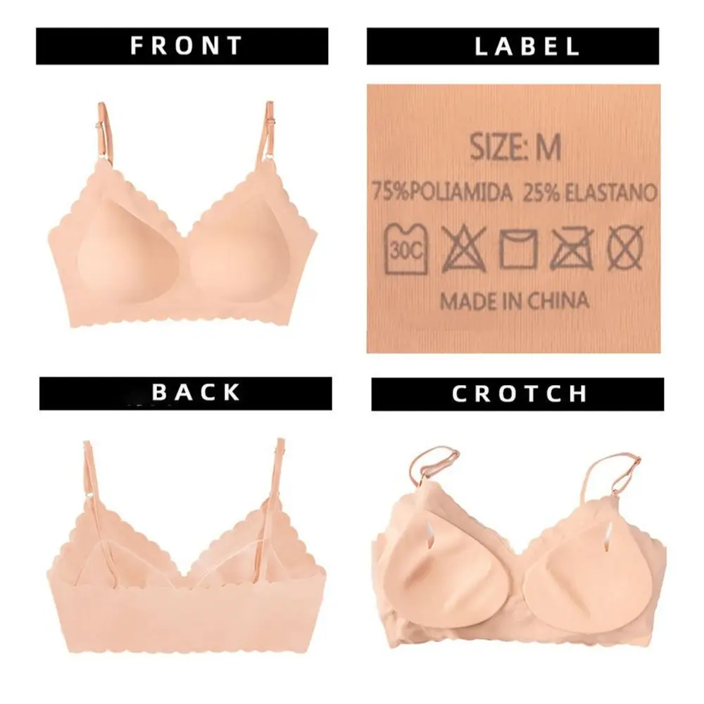 Nylon Ice Silk Bra Wave Edge Design Side Breast Support Wireless Camisole Bra Plus Size No Steel Ring Seamless Back Brassiere