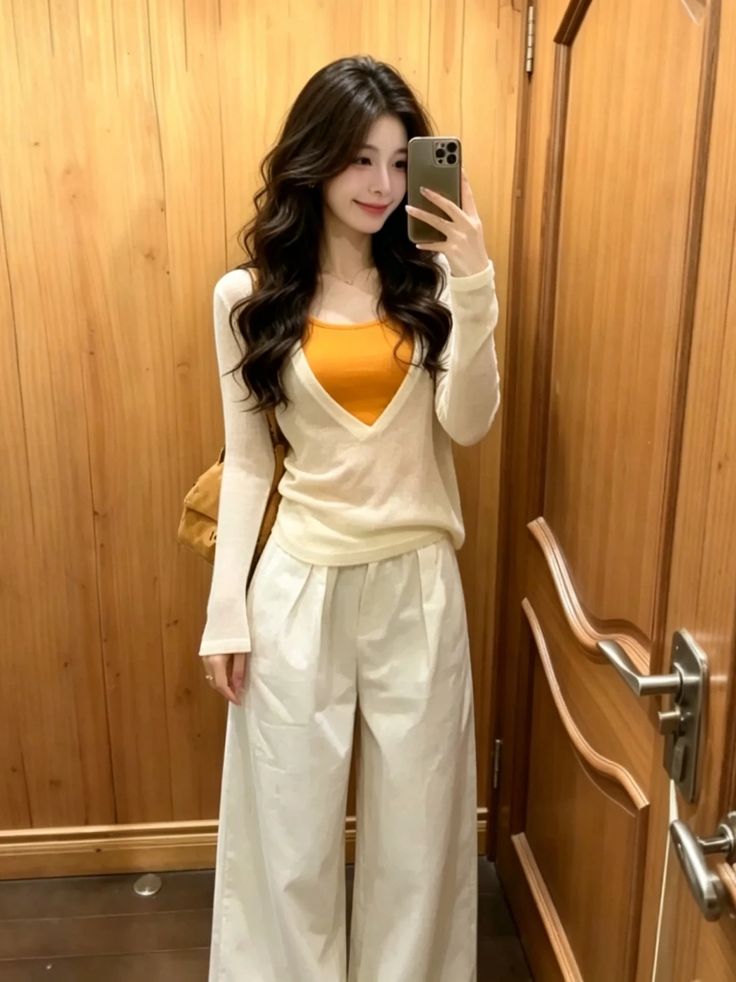 

Orange Vest And Shirt Two-Piece Set Women's Summer Fashion Sunscreen Long Sleeve V-Neck Thin Style Casual Work Outfit