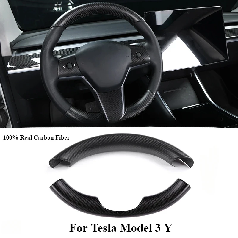 Real Carbon Fiber 3K 240G Handmade Car Steering Wheel Trim Cover Frame Snap-in Covers For Tesla Model 3 Y Interior Accessories