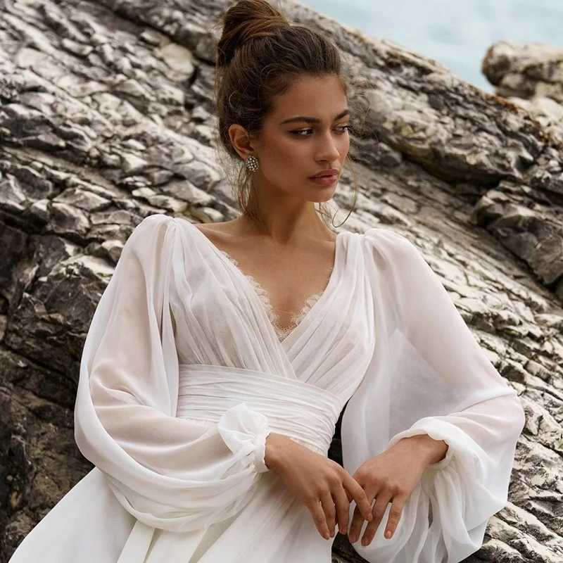 Robe de mariée bohème à manches bouffantes et col en V, robes de mariée de plage, ligne A, haute fente, mariage, soirée, Rh, quelle que soit la taille personnalisée, 2023