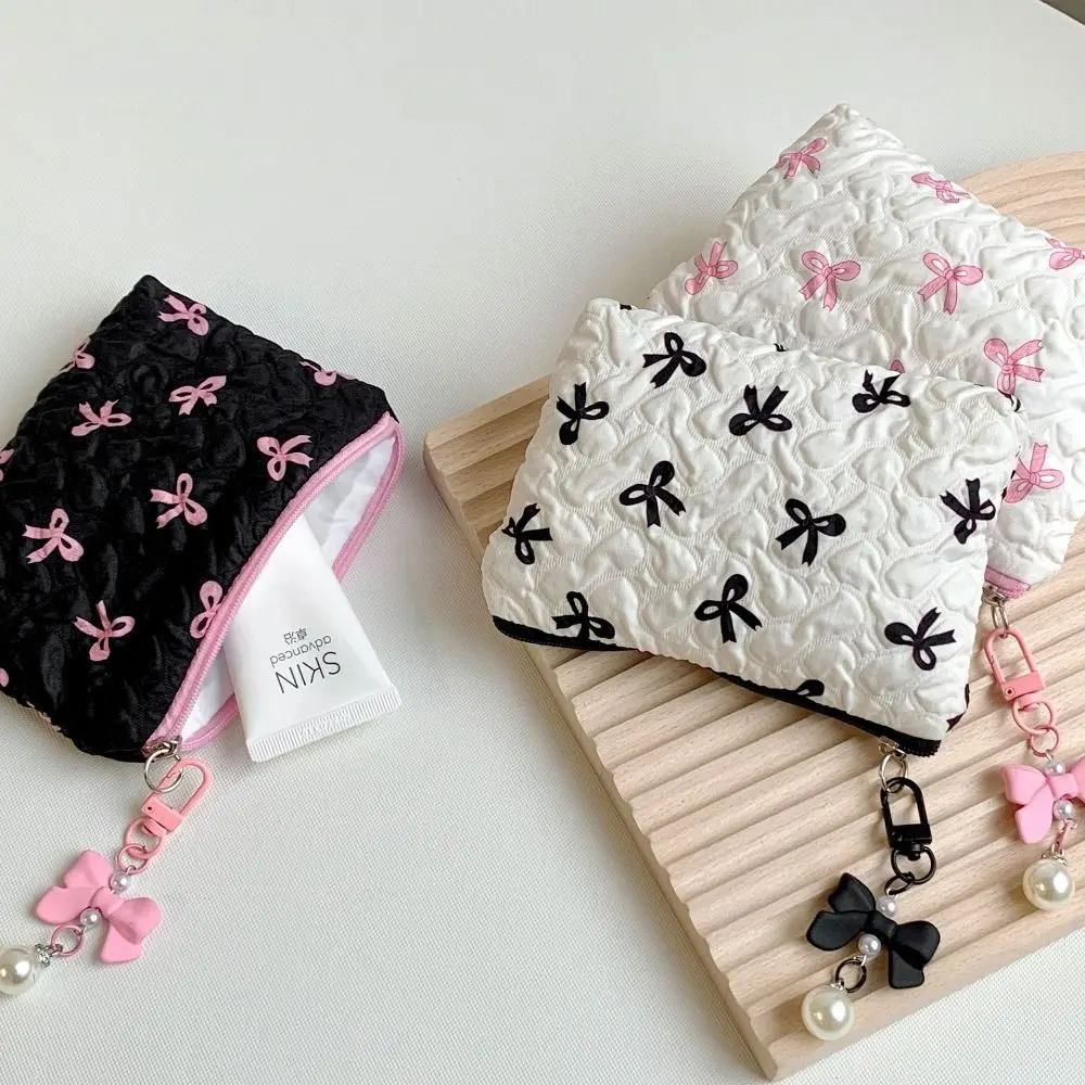 Cute Bow Pendant Bow Cosmetic Bag Zipper Korean Style Balletcore Makeup Bag Lager Capacity Coin Purse Outdoor