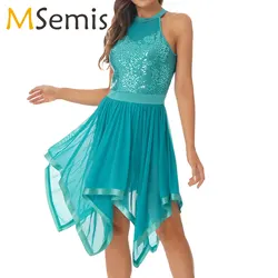 Womens Shiny Sequin Figure Skating Dress Contemporary Dance Dress Academic Asymmetrical Mesh Gymnastics Leotard Dance Dress