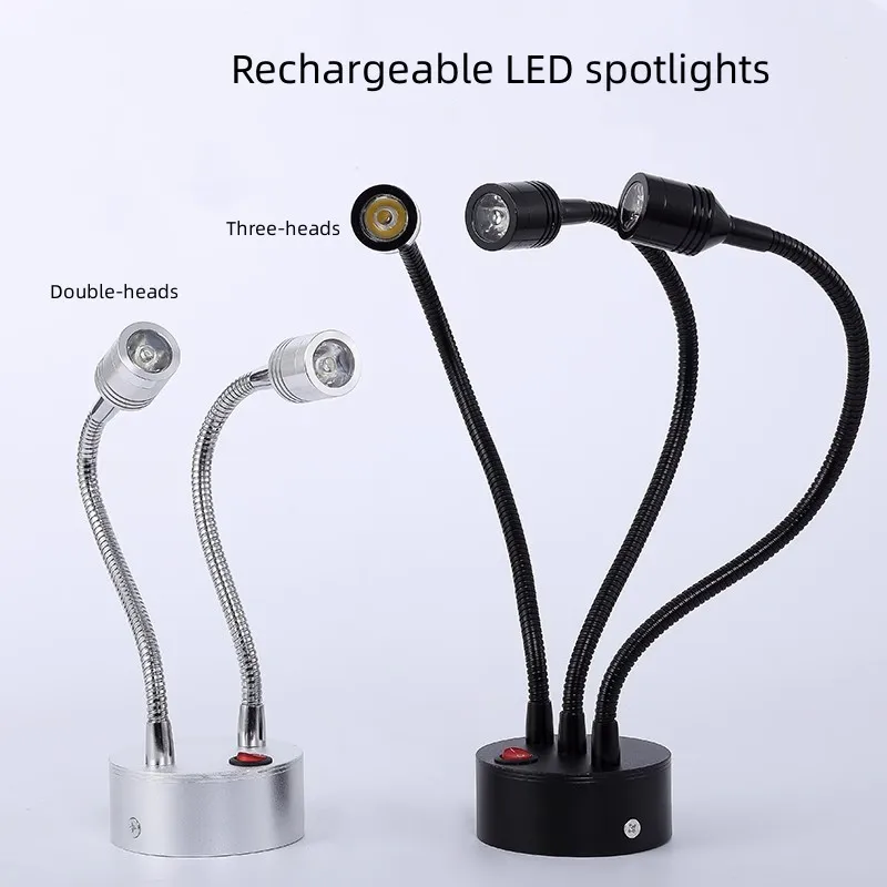 LED Rechargeable Light Three Heads Hose Jewelry Counter Display Cabinet Two Heads Spotlight 1W3W Bar Wine Cabinet Wedding Lamp