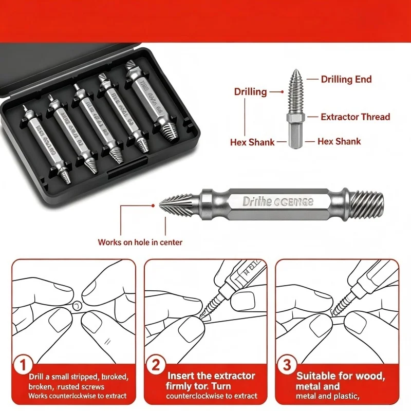 5Pcs HSS Broken Screw Extractor Set, Reverse Thread Stripped Damaged Bolt Remover, Hex Shank Easy Out Tool Kit with Storage Box