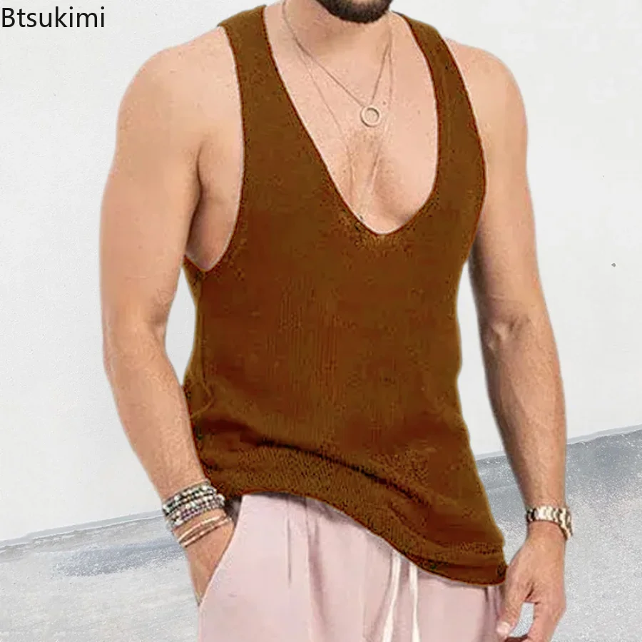 2026 Men's Summer Tank Top Loose Knit Sports Vest Solid Knit Sleeveless Men T-shirt Breathable Mesh Sports Top Gym Shirt Male