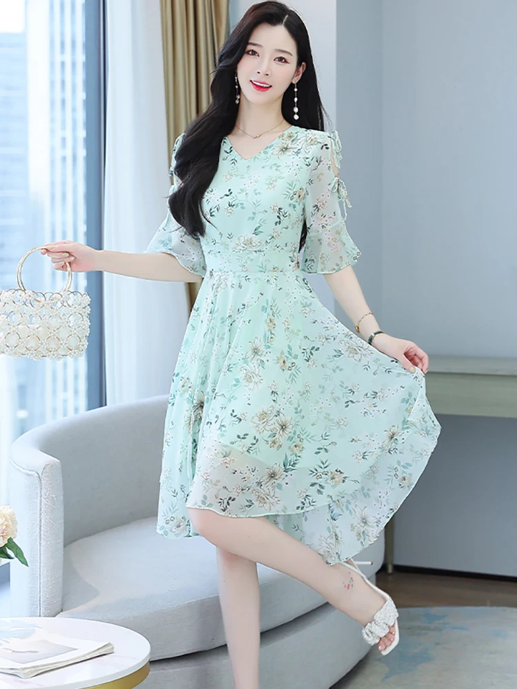 Women Floral Chiffon Butterfly Sleeve Chic Sexy Midi Dress Summer Casual Boho Beach Dress 2024 Elegant Bodycon Party Prom Dress