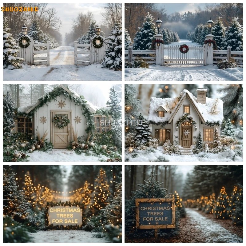 

Winter Forest White Snow Fence Christmas Background Photography Christmas Tree Backdrops Kids Family Portrait Photoshoot Decor