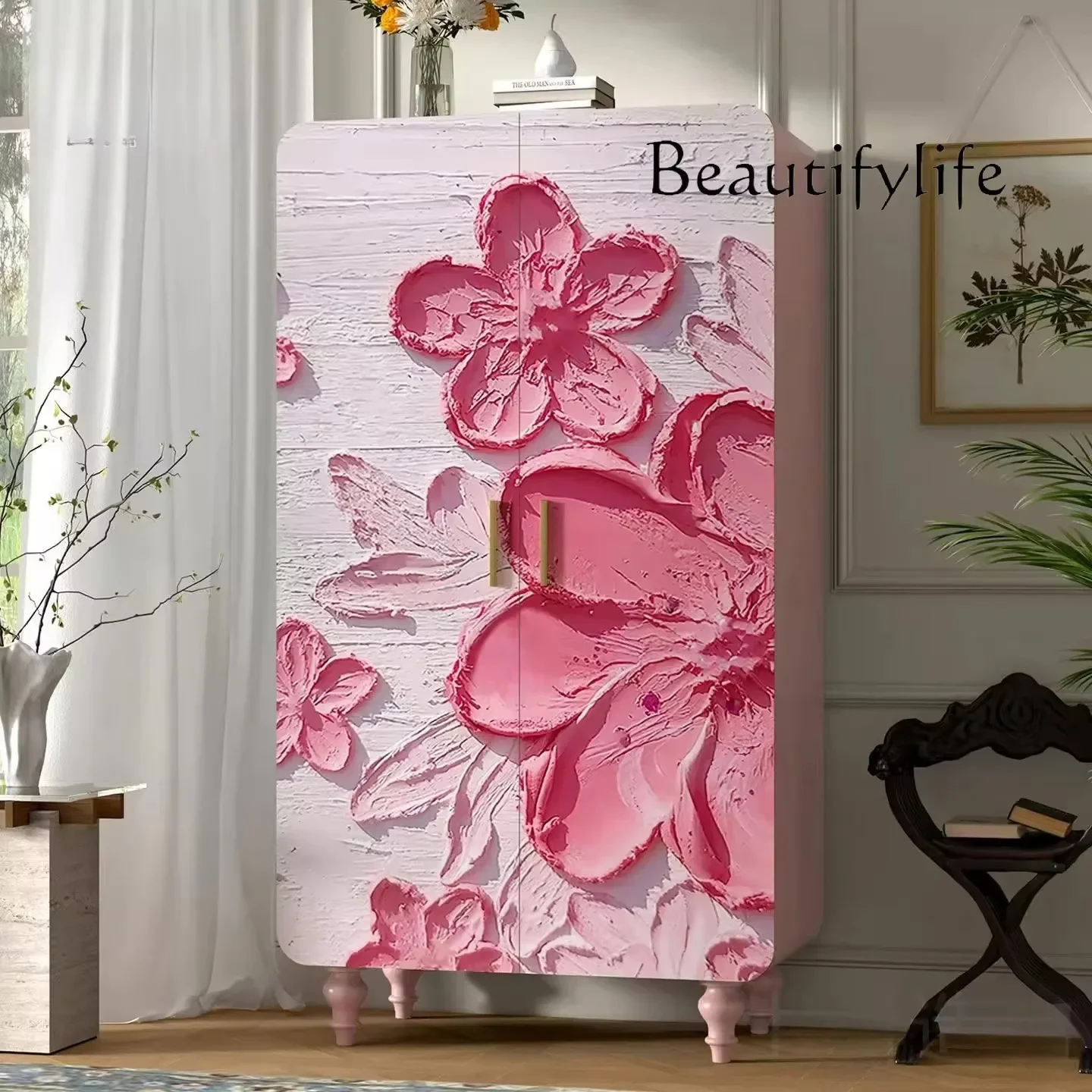 Lz-X40 Cream Wind, Flower Solid Wood Bedroom Wardrobe French Romantic Pink Hotel Bed And Breakfast Room Storage Cabinet