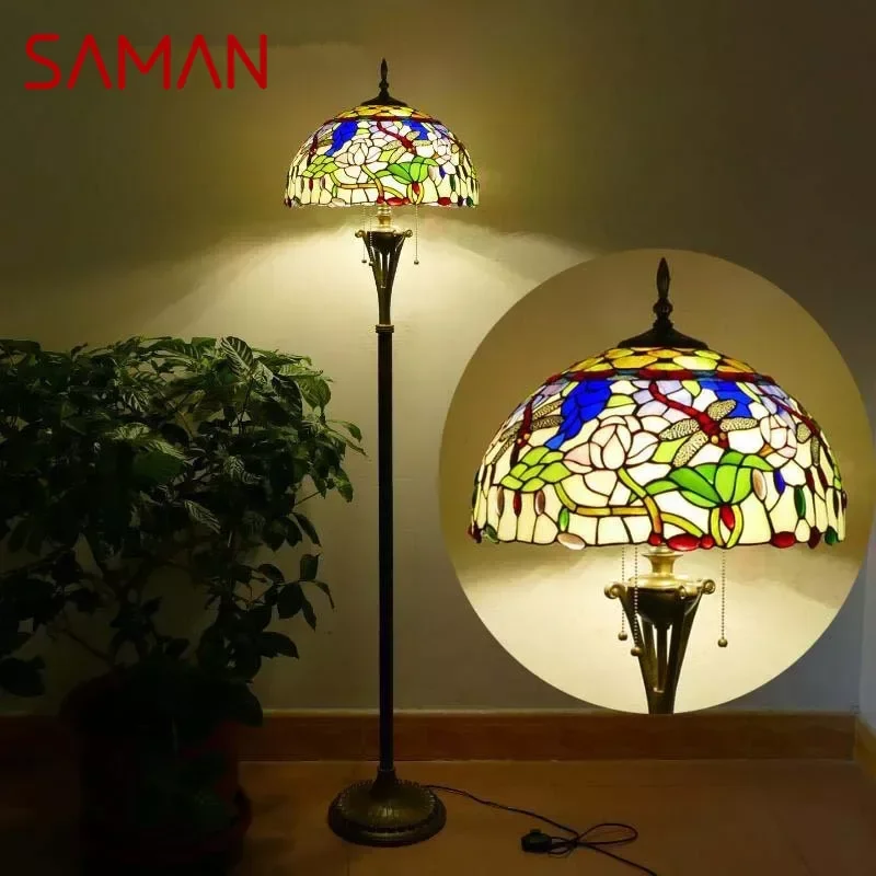 

SAMAN Tiffany Floor Lamp American Retro Living Room Bedroom Lamp Country Stained Glass Floor Lamp