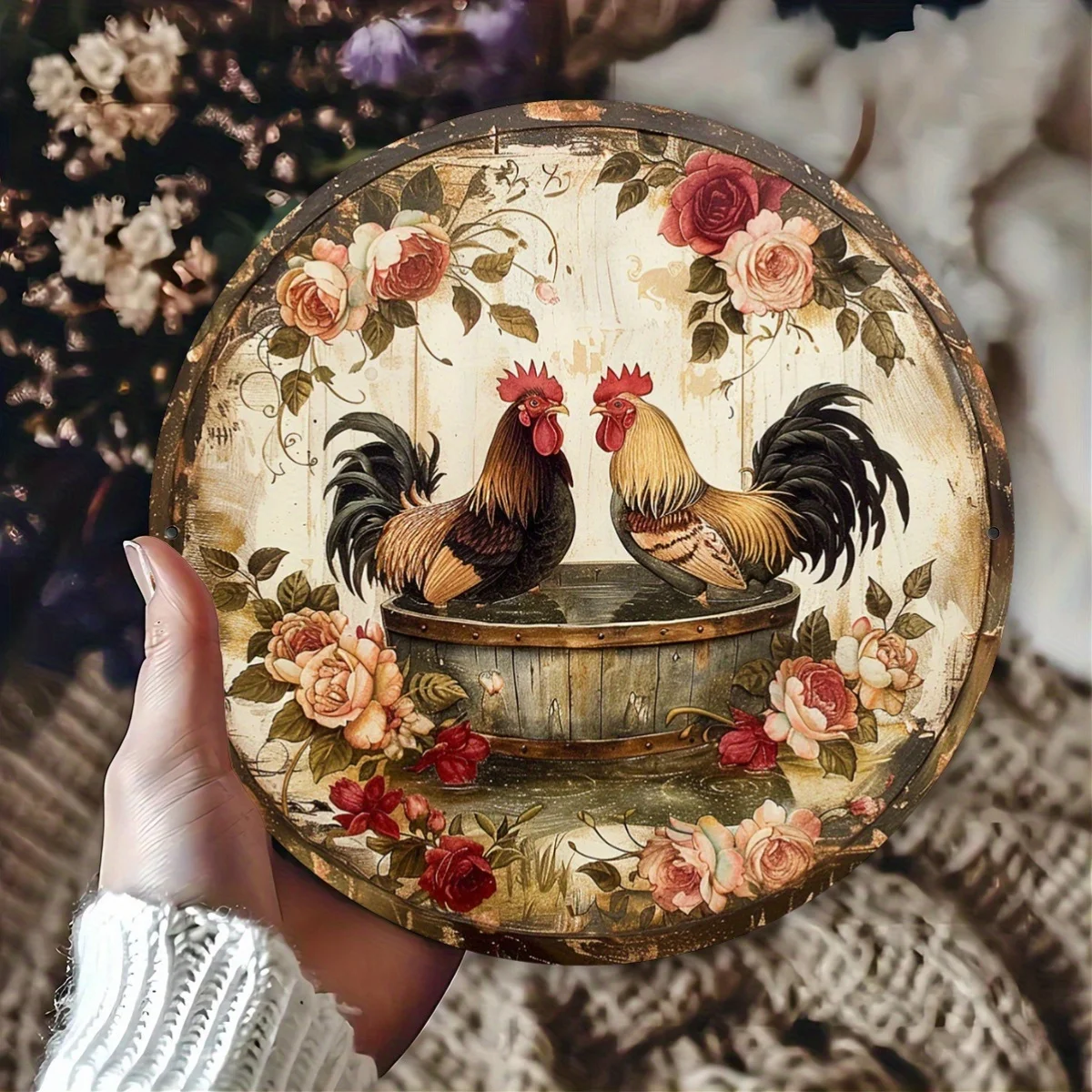 A Rustic Metal Rooster Wall Art Featuring a Vintage Sign, Complete with a Bathtub And Floral Design, Suitable for Decorating Hom