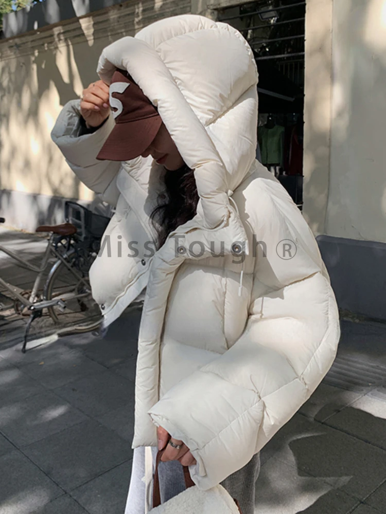 Elegant Short Hooded Down Jacket Women 2024 Winter Coat Korean Fashion Thick Warm Parkas Retro Loose Solid White Outwear Clothes