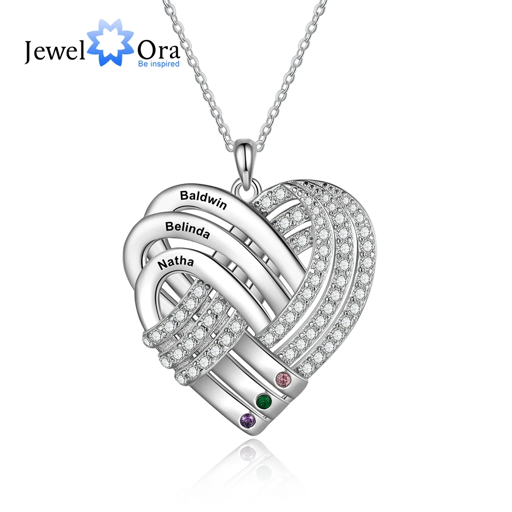 

Personalized Engraved Name Heart Necklace with Full Zirconia Customized 3 Birthstone Pendants for Women Mothers Anniversary Gift