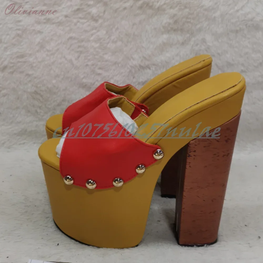 

Peep Toe Chunky High Heel Mutilcolor Elegant Side Round Rivets Decor Slippers Party Fashion Women Shoes 2025 Summer Para Mujere