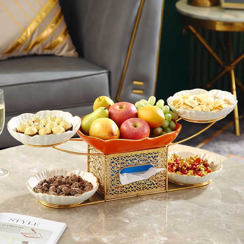 Deluxe Serving Tray Set With 5 Movable Ceramic Fruit Bowls Gold Stand and Tissue Box Creative Fruit Plate Tissue Box Decoration