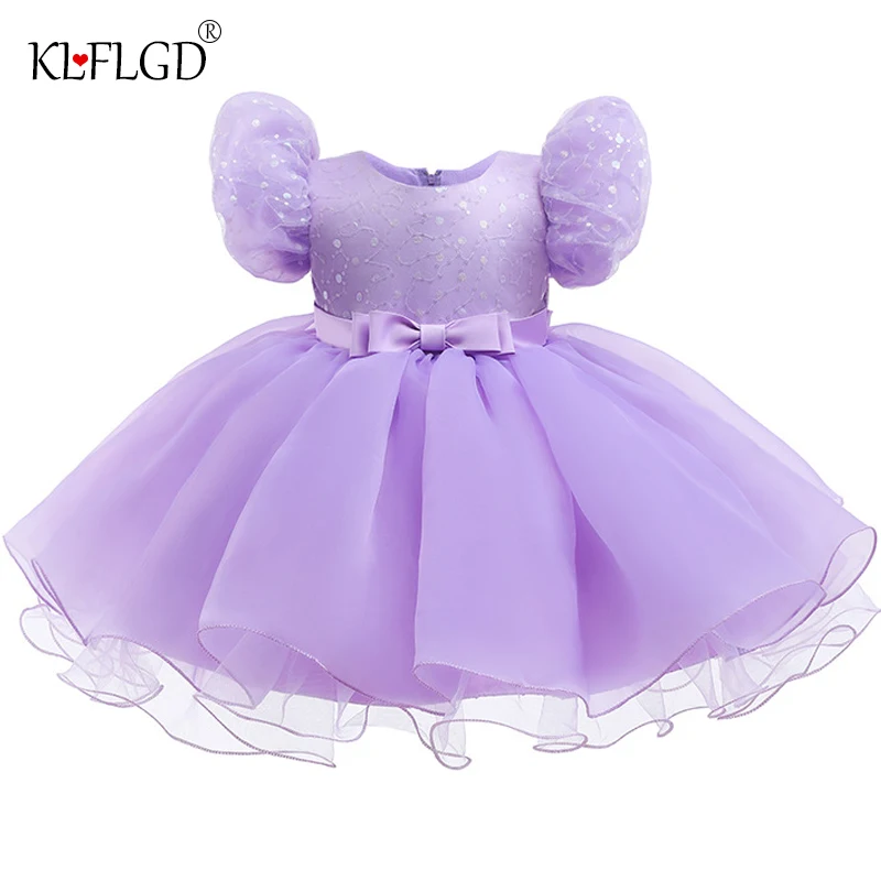 New children\'s first birthday princess birthday party dress Sequin bubble sleeve lace mesh fluffy dress communion dinner dress