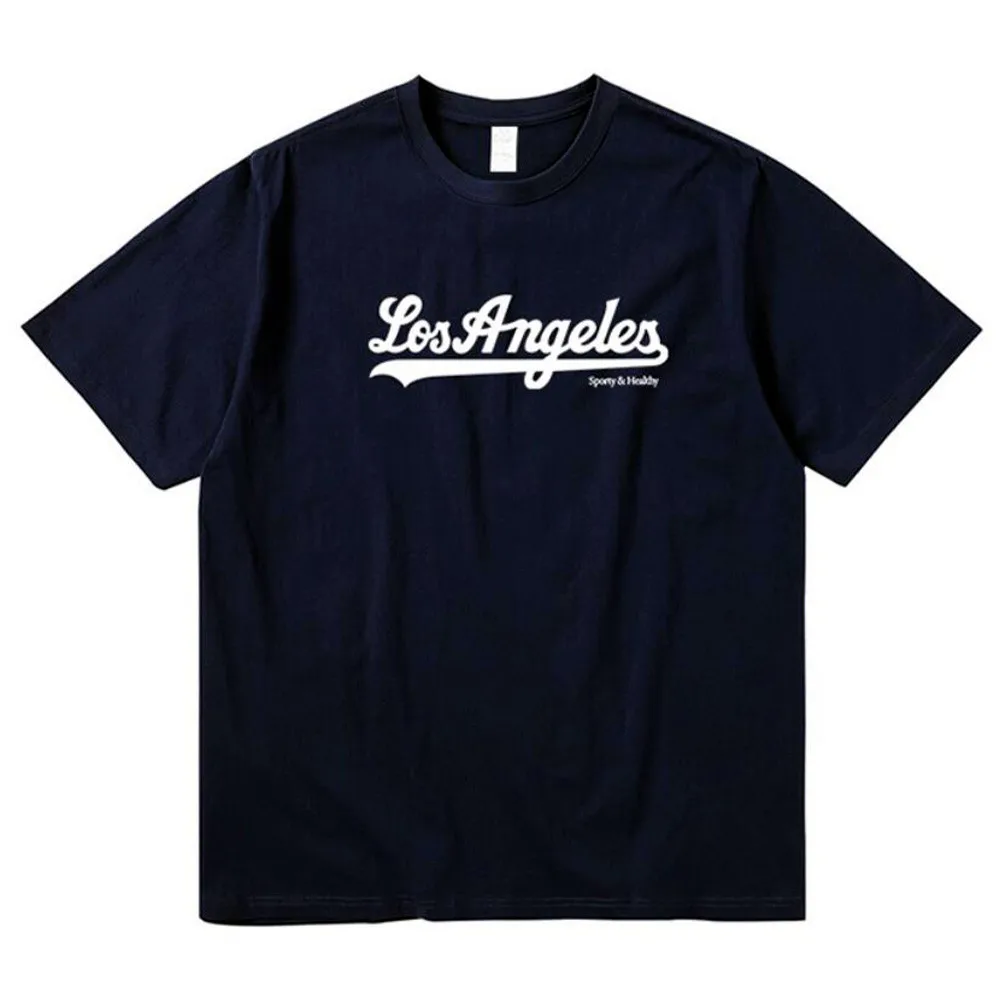 لوس أنجلوس خطابات الطباعة البحرية المرأة تي شيرت الصيف خمر نمط فضفاض القطن قصير الأكمام بلايز Ins موضة Crewneck التي شيرت #4