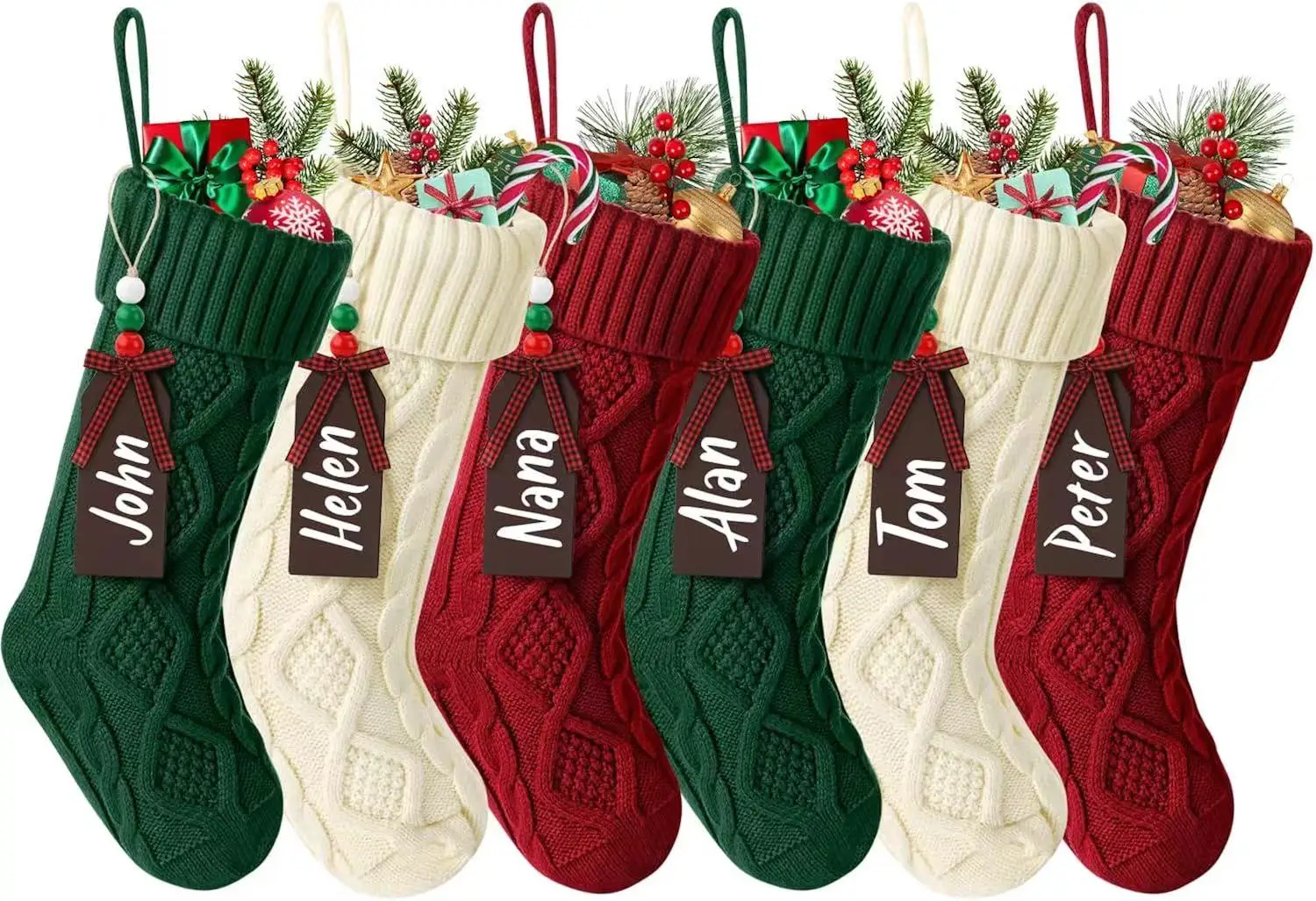 Christmas Stockings 18inch Personalized Knitted Hanging Stocking with Wood Name Tags for Family Holiday Xmas Decoration