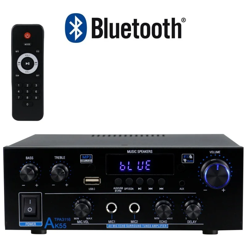 

Amplifier AK55 Bluetooth Audio Hifi AMP Karaoke Music Player Support Bluetooth USB Amplifier Two-channel Digital Amplifier