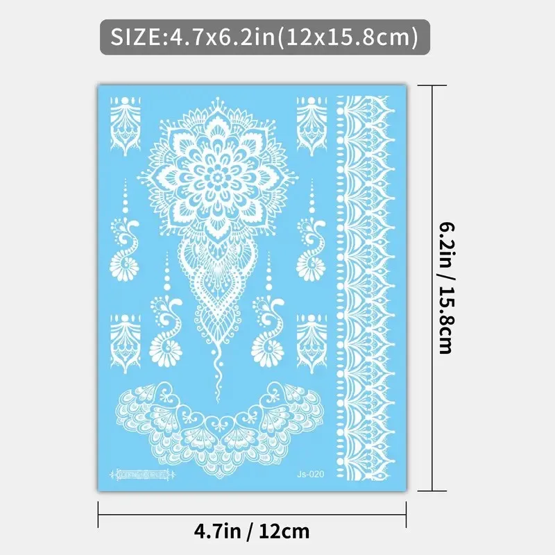 6 أوراق من الوشم المؤقت للحناء البيضاء للنساء - ملصقات فنية للجسم بوهو لنقل المياه مع تصميمات على شكل فراشة من الدانتيل والمدينة