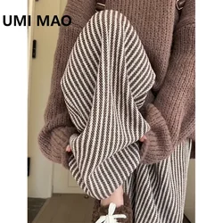 UMI MAO 여성용 하이 웨이스트 세로 줄무늬 모직 바지, 캐주얼 레트로 스트레이트 레그, 레이지 와이드 레그 팬츠, 가을 겨울 신상