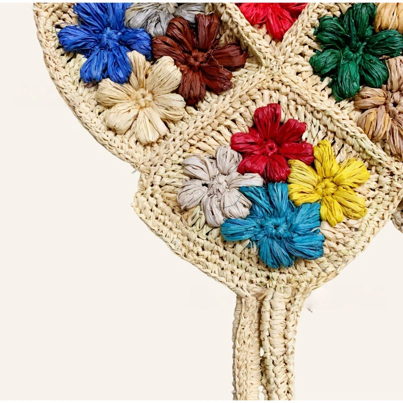 Hochwertige Handgefertigte Raffia-Schultertasche Exquisite Gewebte Stroh-Tragetasche Offene Bunte Blumen-Diamantmuster Einkaufstasche – Detail 16