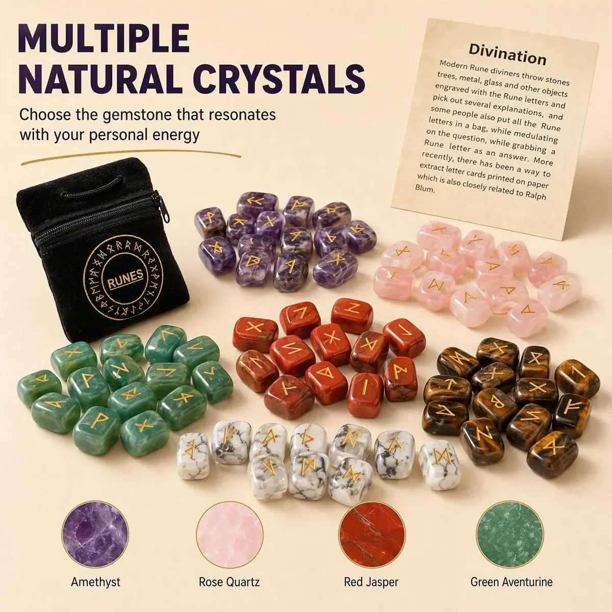 Elder Futhark Runes Crystal Stones Set Engraved Rune Symbols Witch Divination Meditation Velvet Draws Pouch 25PCS/Bag