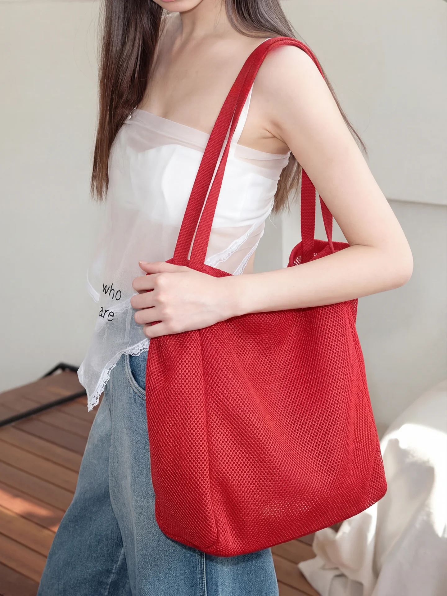 

Red Canvas Tote Bag Women's Large Capacity Single Shoulder Mesh Hollow out Lightweight Shopping Bag Casual Simple Style