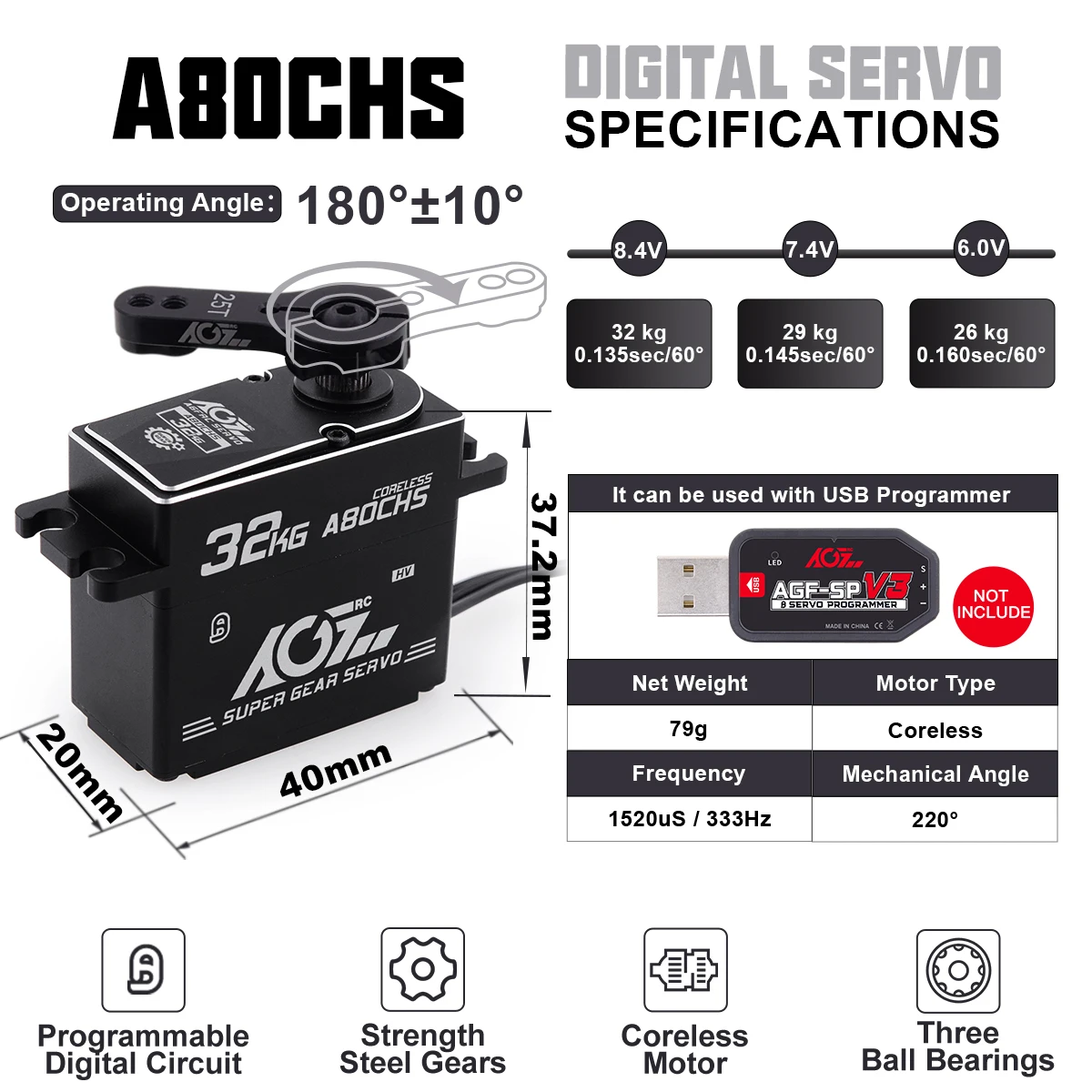 AGFRC A80CHS 32kg 7.4V Coreless Brushless Motor Digital STD Servo Metal Gears For 1/10 RC Car On Boat Road Truck Off Road Truck