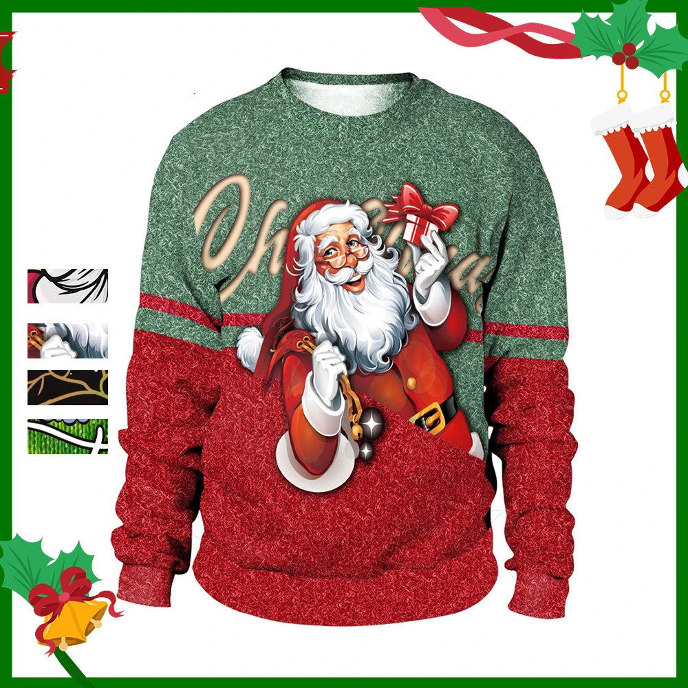 

2024 Spring New Women's Printed Christmas Round Neck Sweater Fleece Top Coat Santa Claus Shirt