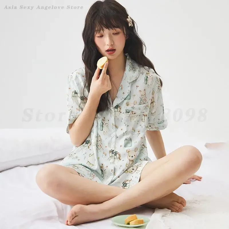 

Sweet Cute 2PCS Pajamas Set Printed Home Clothes Summer Short Sleeved Shorts Sleepwear Satin Pyjama Pour Femme Loose Homewear