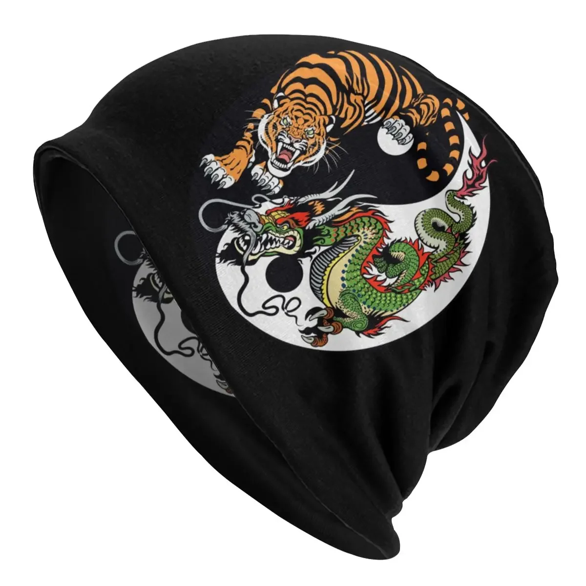 Custom Chinese Dragon And Tiger Tattoo Graphic Bonnet Homme Fashion Knit Hat For Warm Winter Yin and Yang Symbol Beanies Caps