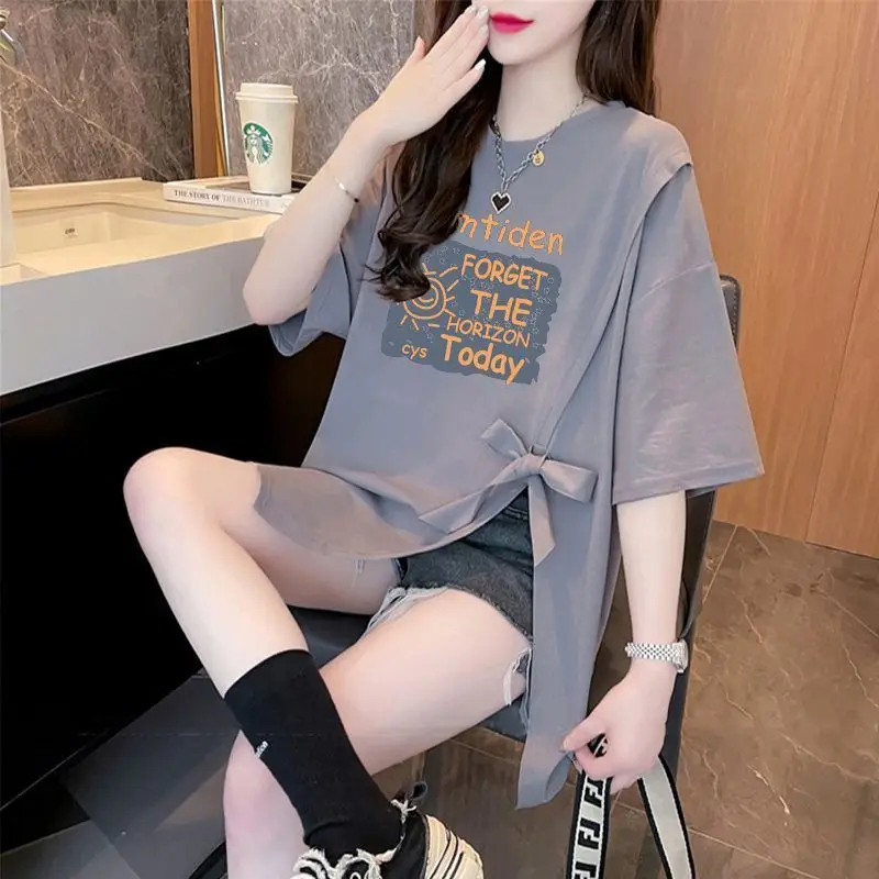 Street Casual Bow Patchwork T Shirts Short Sleeve Letter Printing Loose Solid Tops Harajuku Fashion Women Clothing Summer New