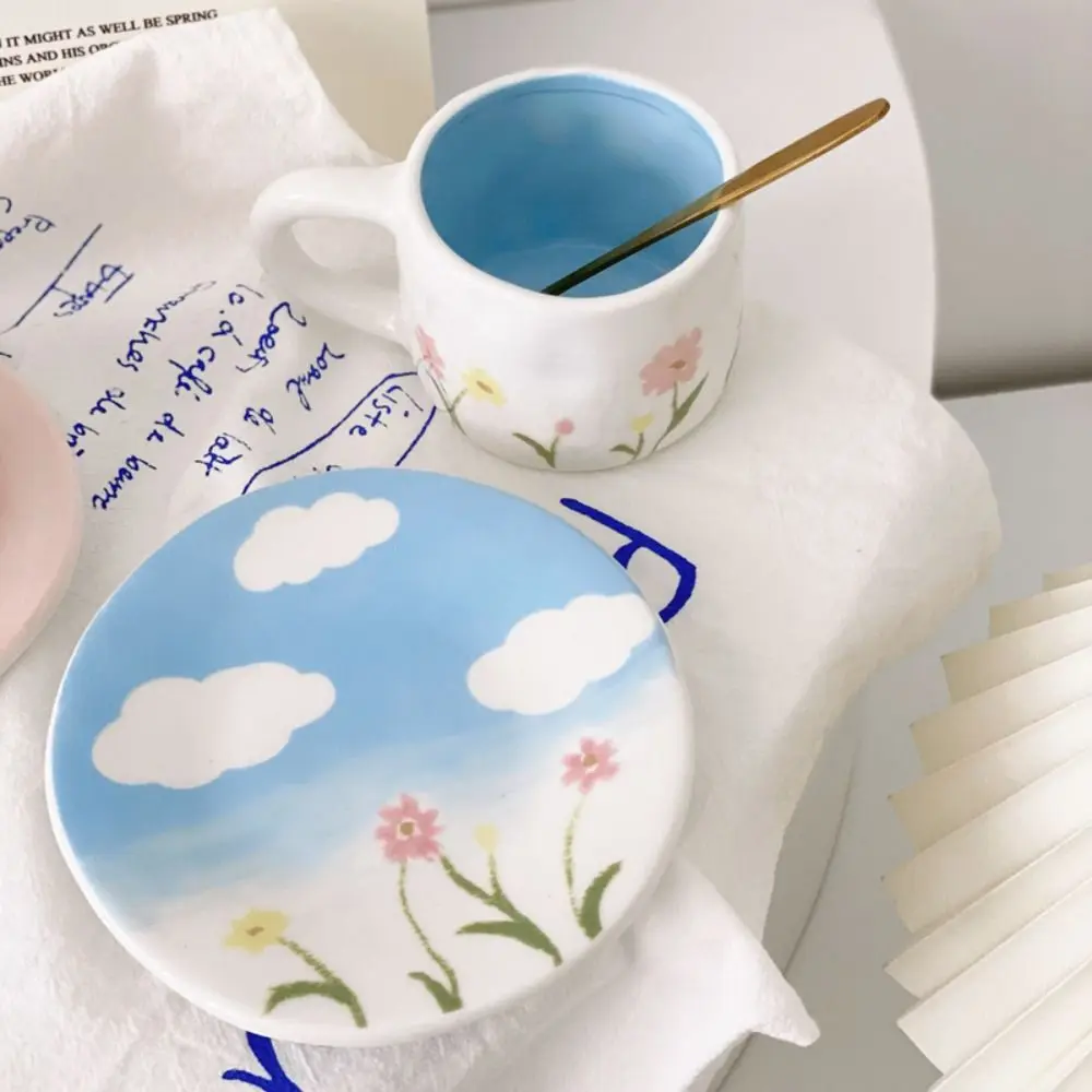 

Ins Korean Style Ceramic Milk Mugs Irregular Flower Coffee Cups Hand Pinched with Plate and Spoon Oatmeal Breakfast Mug Kitchen