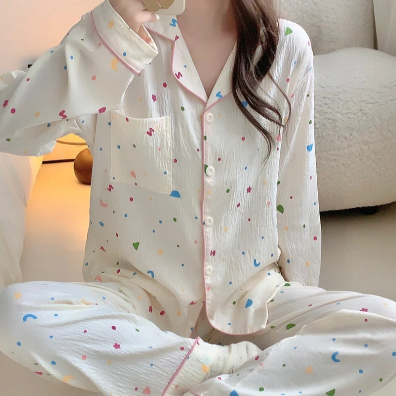 2024 New Women\'s Pajamas Set Spring Autumn Long Sleeve Cloud Cotton Sleepwear Student 2 Piece Pijamas Girl Casual Loose Homewear