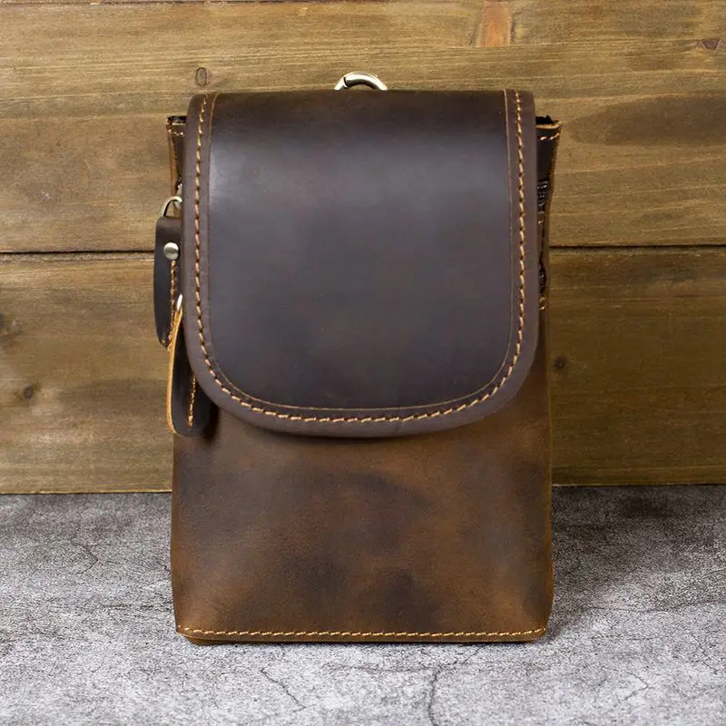 Genuine Leather Men's Crossbody Phone Waist Bag Vintage Cowhide Fanny Pack Belt-Style Mobile Pouch Bucket Shape Cotton 