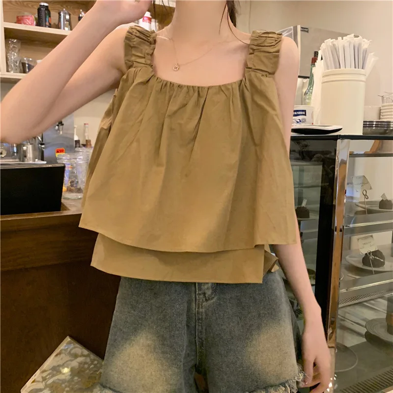 Chic Women Tank Top Summer Clothes 2024 New Korean Popular Style Female Casual Sleeveless Layered White Khaki Tops Vest