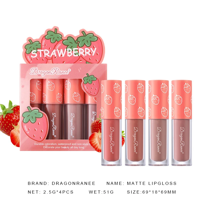 Velvet Matte Lip Glaze Set Non-Fade Non-Sticky Cup Fruit Makeup Lip Gloss Four Mini Sets