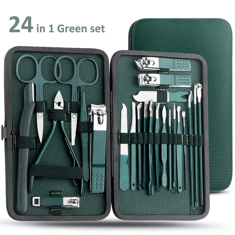 Juego de cortaúñas, cortaúñas para el hogar, juego de 7-24 piezas de color verde oscuro, herramientas para pedicura, exfoliación y cuidado de las uñas