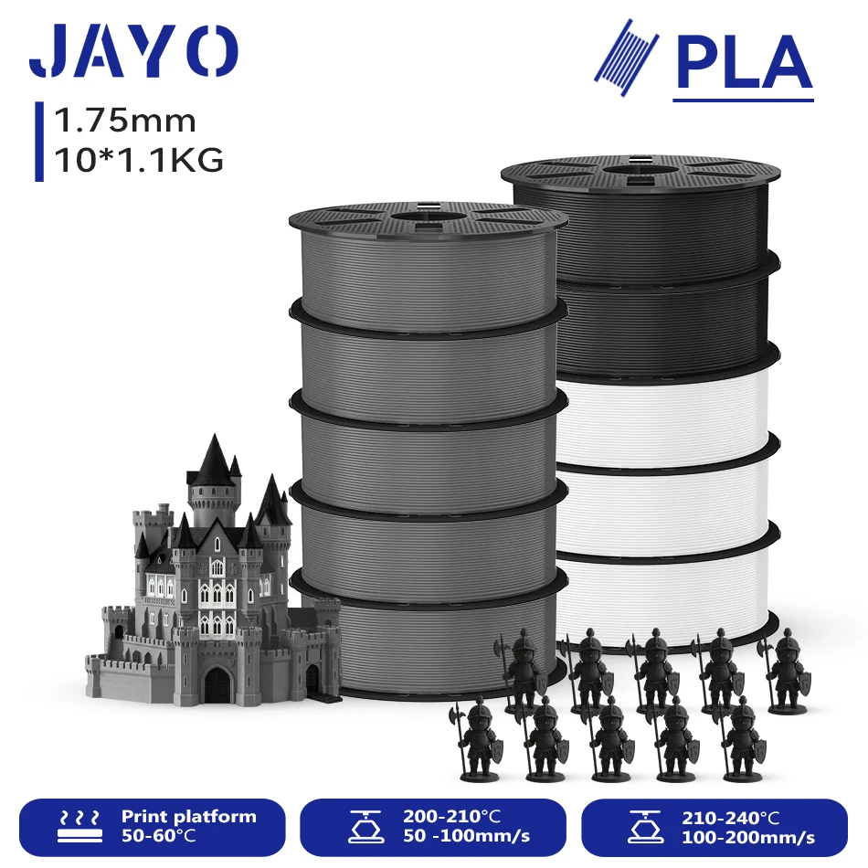 JAYO 10 Rollen 3D PLA Druckerfilament 1,75mm, ungiftig & blasenfrei, PLA-Kunststoff als 3D-Druckfilament für 99% der 3D-FDM-Drucker & -Stifte, 1,1KG/Rolle