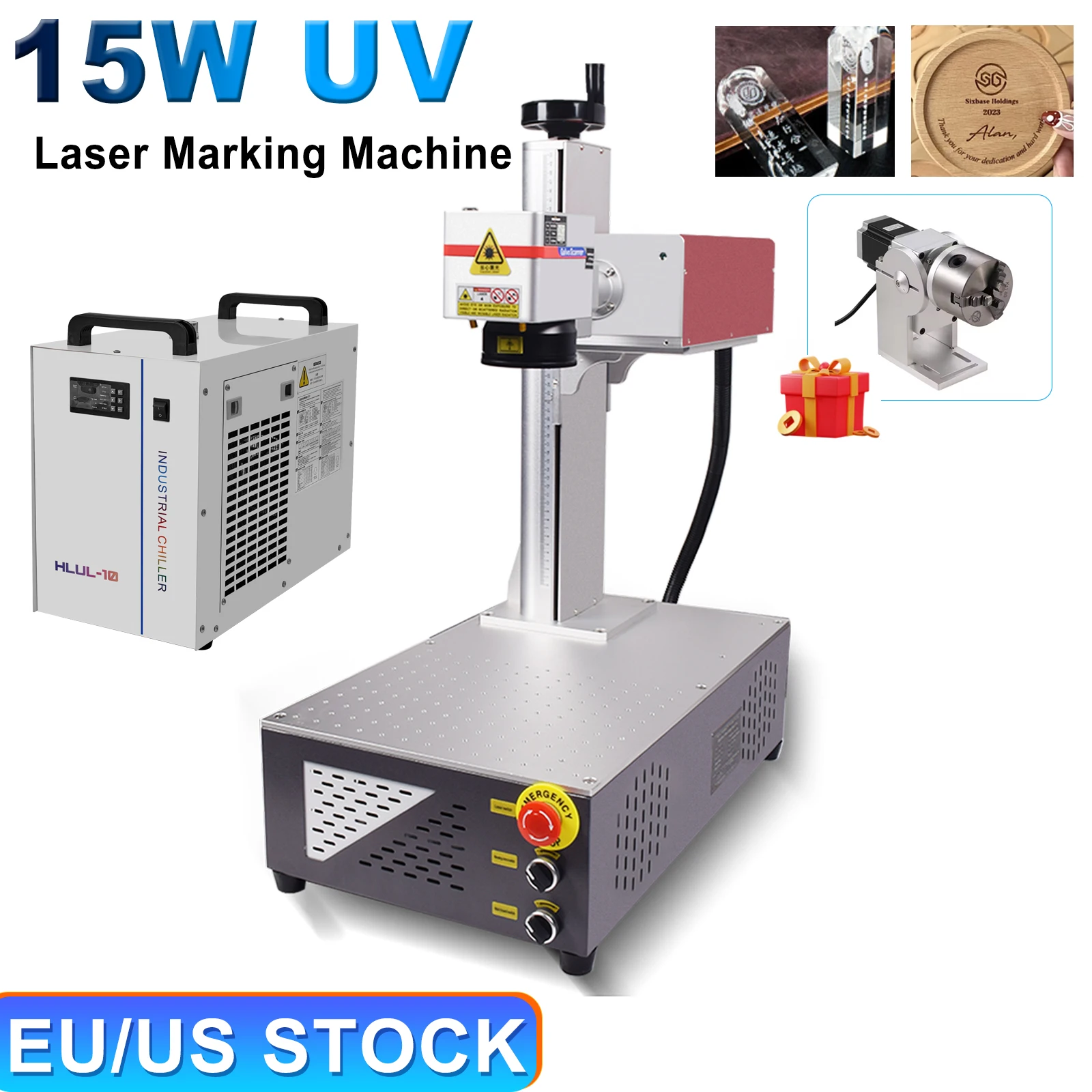 آلة الوسم بالليزر بالأشعة فوق البنفسجية 15 وات UV 15 وات 355 نانومتر حفارة غير معدنية للزجاج/الخشب/PVC/المعادن/الجلد البلاستيكي مع محور دوار