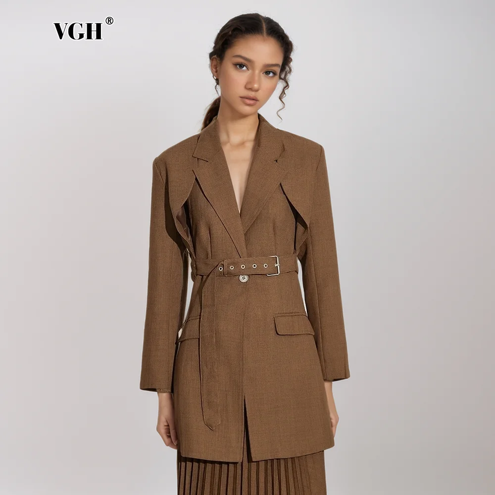 VGH Chic Two Piece Set For Women Long Sleeve Spliced Belt Tops Notched Backless Vest Temperament Sets Female Fashion Style New