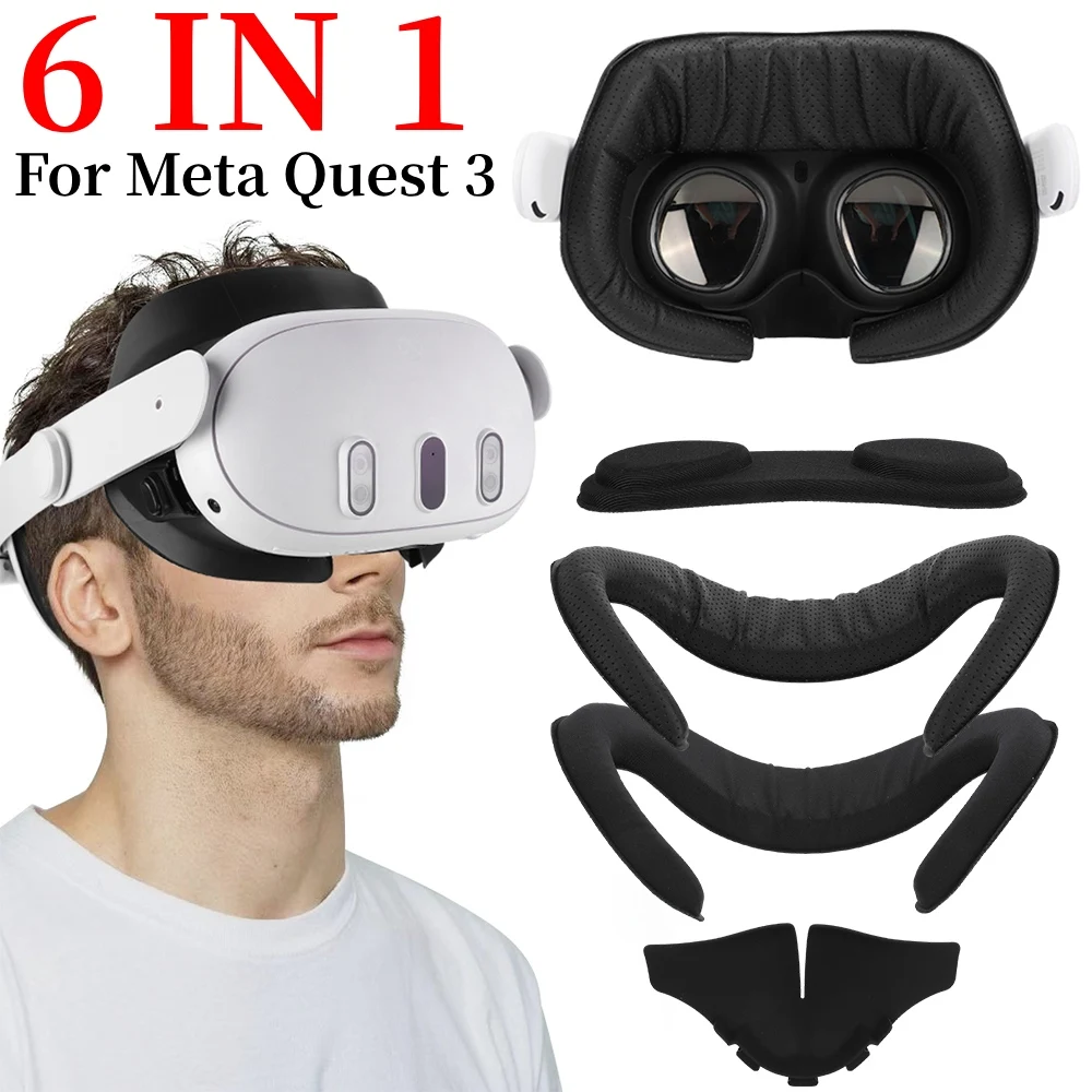 6 in 1 Face Facial Interface Height-Adjustable Bracket Thicken PU & Ice Silk Foam Face Cushion Nose Pad for Meta Quest 3