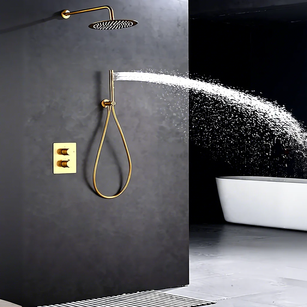 

Polished Gold Brass Bathroom Shower Faucet Set Hot and Cold Thermostatic Chrome Finish Waterfall Overhead Mixer Tap
