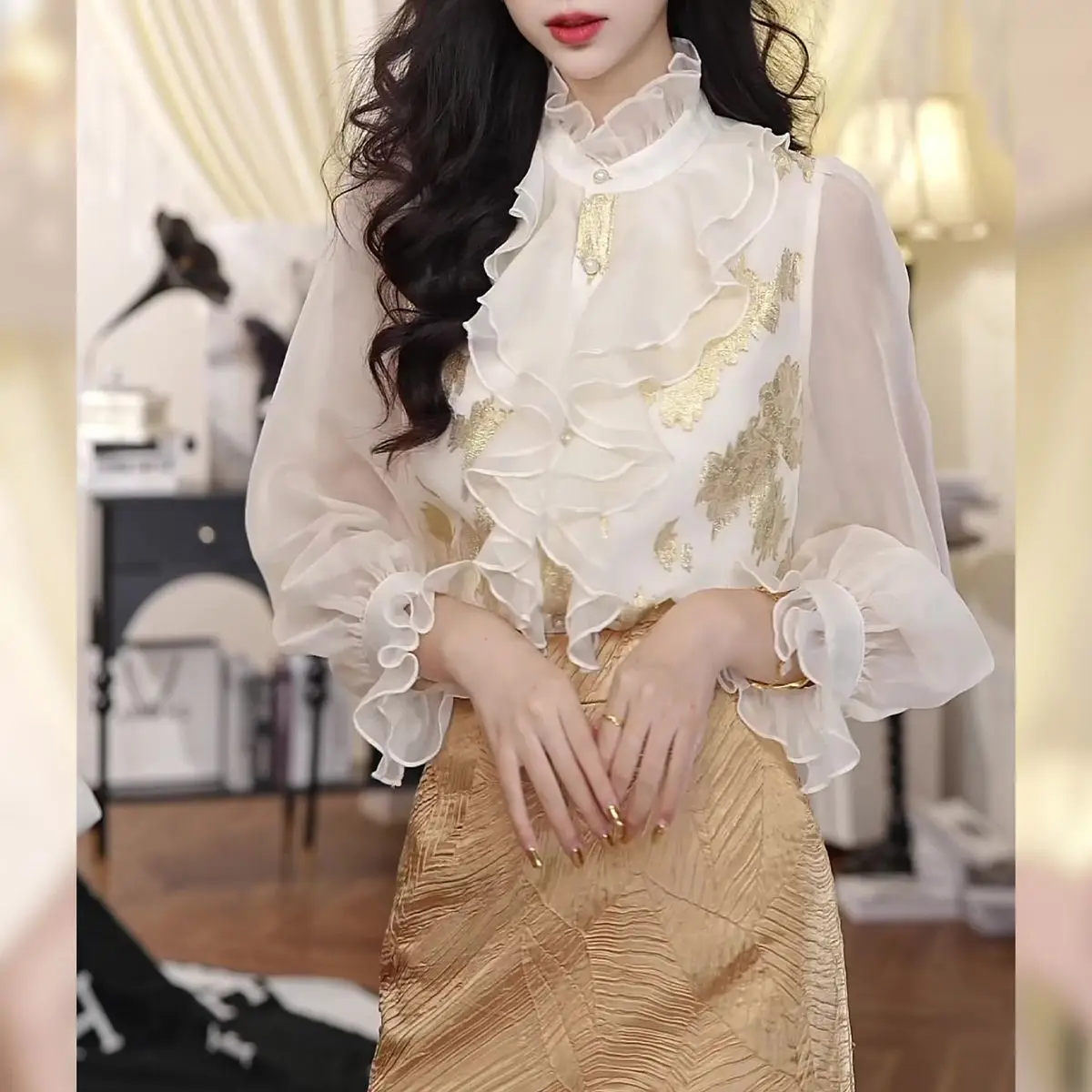 French retro court ruffle edge long-sleeved shirt women's new loose and thin top in summer 2025