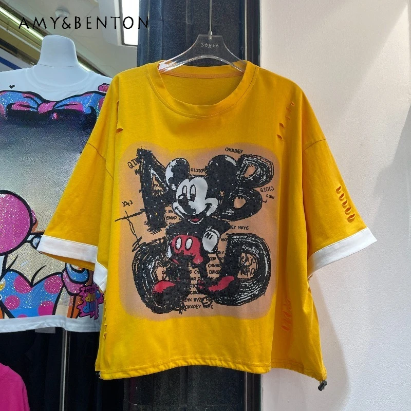 

Korean Style Fashion American Retro Cartoon Design Short Sleeved T-shirt Loose Fit Slimming Women's Tees Y2k Clothes O-neck Top