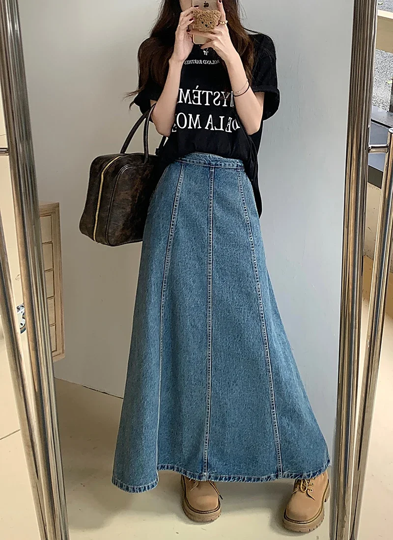 

S-XL Blue Long Denim Skirt 2024 Korean Style Loose High Waist Straight Long Jeans Skirts Style