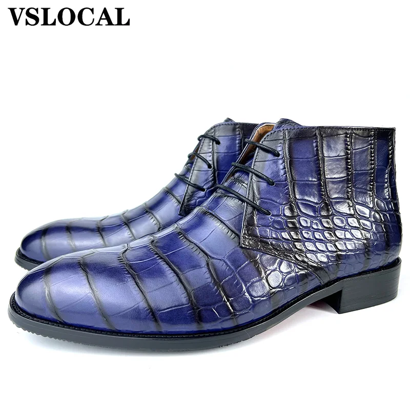 

Men Ankle Boots Shoes Black Blue Croco Prints Lace-up Mens Dress Boots Luxury Brand Genuine Leather Dress Boots For Man