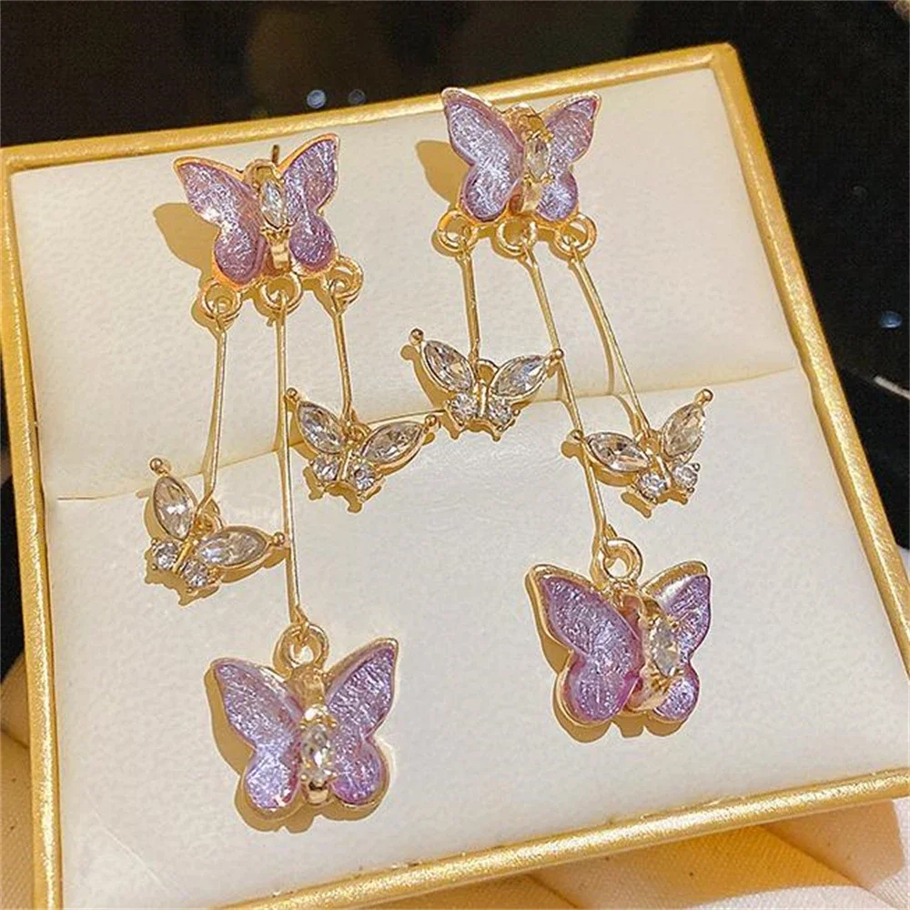 2025 Fashionable Women's Korean Butterfly Tassel Earrings in Purple, Trendy Dangling Earrings with Shiny Crystal Accents