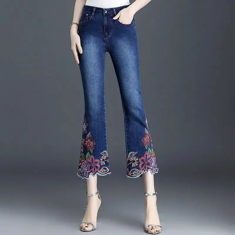 Fashion Casual Embroidery Flare High Waist Jeans Women's Clothing 2024 Spring Summer New Loose All-match Cropped Pants